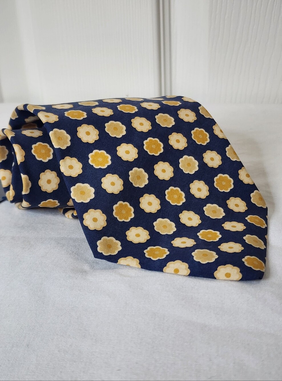 Tommy Hilfiger Navy Silk Tie with Yellow and Cream Floral Medallions